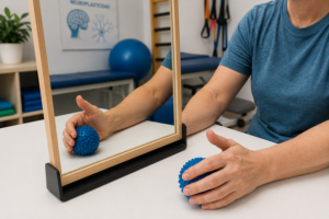 Terapia espejo y ejercicios de mano en fisioterapia neurológica para recuperación tras ictus en Jaén.