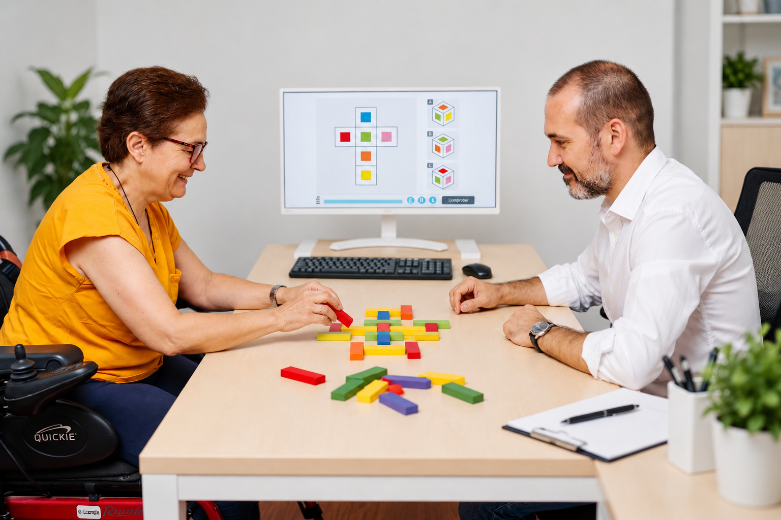 Mujer realizando un ejercicio de habilidades visuoespaciales con bloques de colores durante una sesión de neuropsicología.