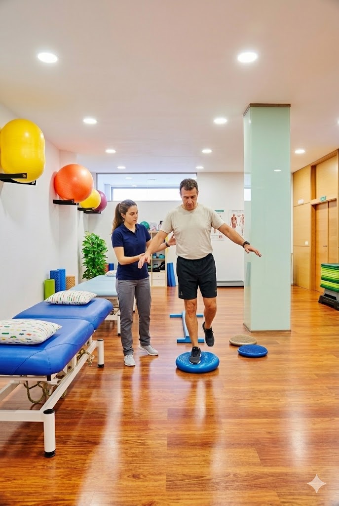 paciente con Parkinson realizando ejercicios de equilibrio durante una sesión de fisioterapia neurológica
