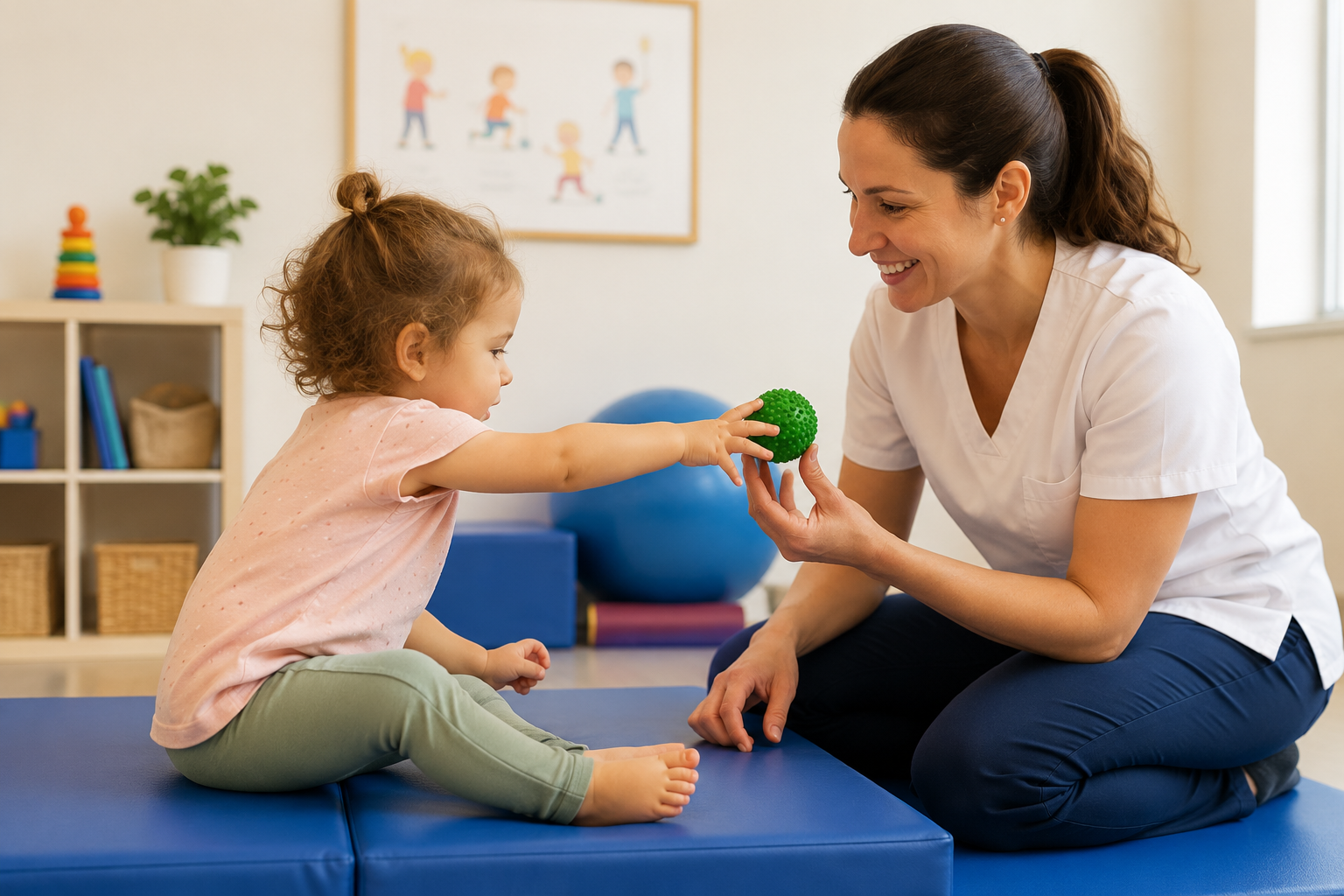 Niña realizando una actividad de alcance y control postural durante una sesión de fisioterapia neurológica infantil en Jaén