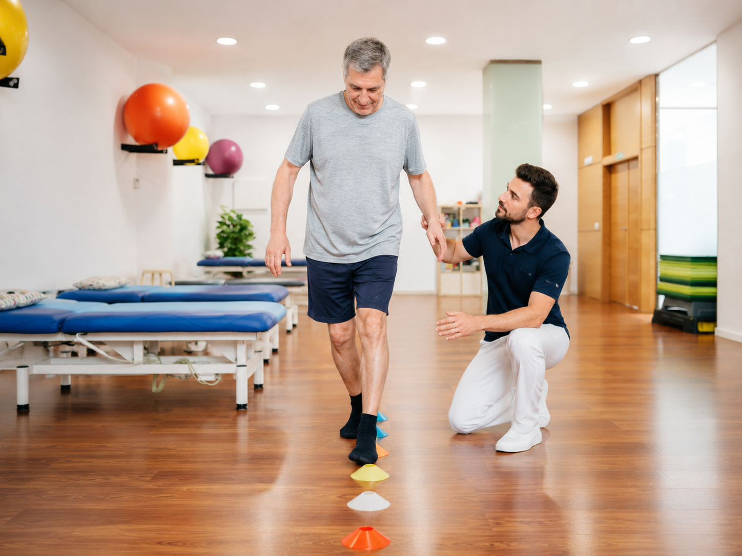 Paciente realizando entrenamiento de la marcha y el equilibrio con un fisioterapeuta en Neurobase Jaén