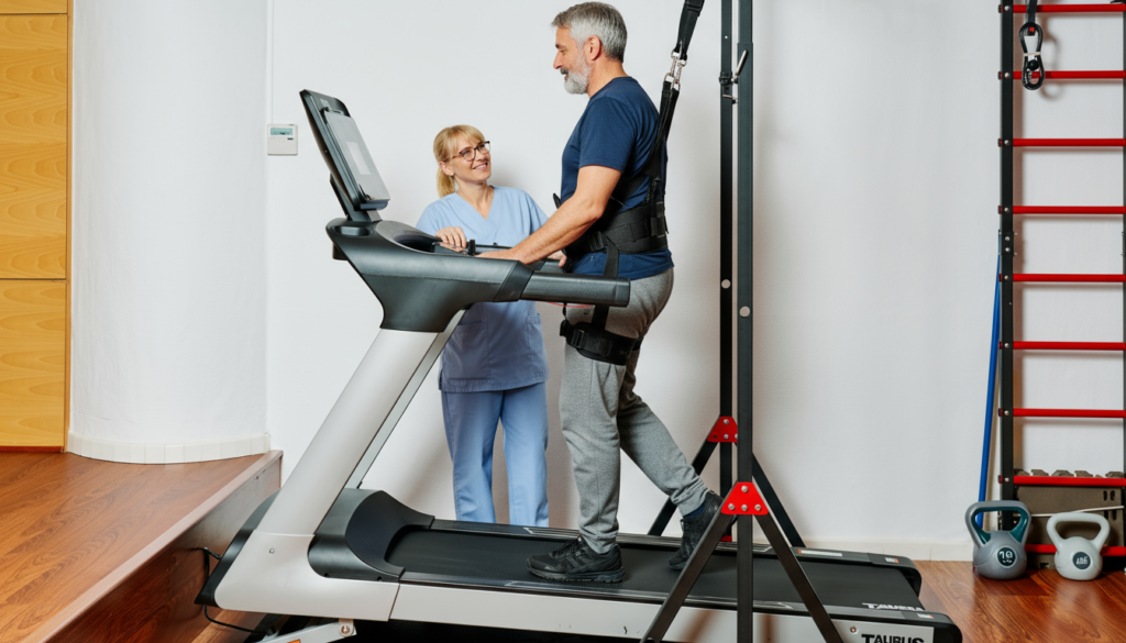 Persona realizando fisioterapia neurológica en tapiz rodante durante un proceso de neurorrehabilitación